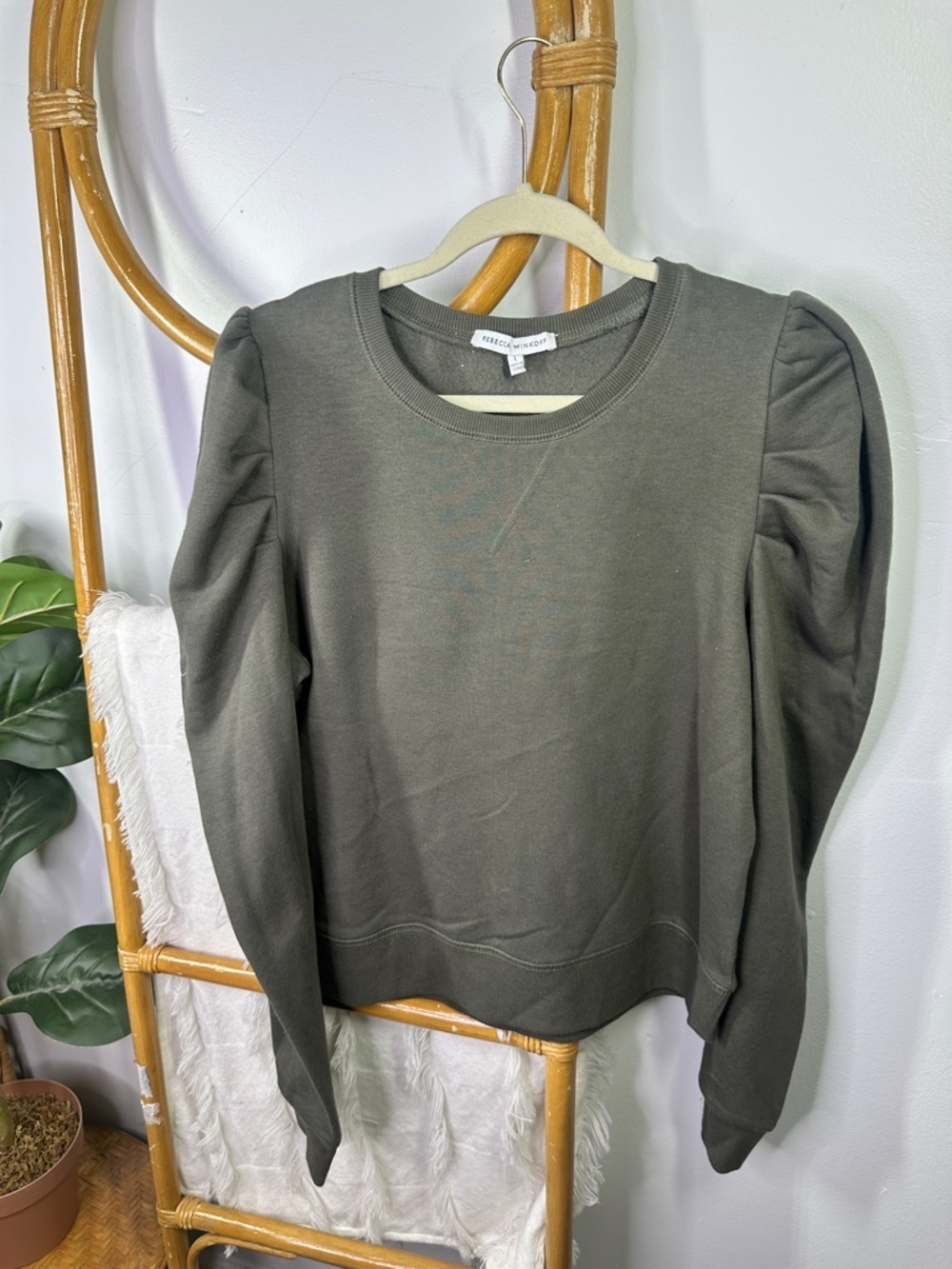 Rebecca Minkoff Green Puff Sleeve Sweatshirt Top sz L